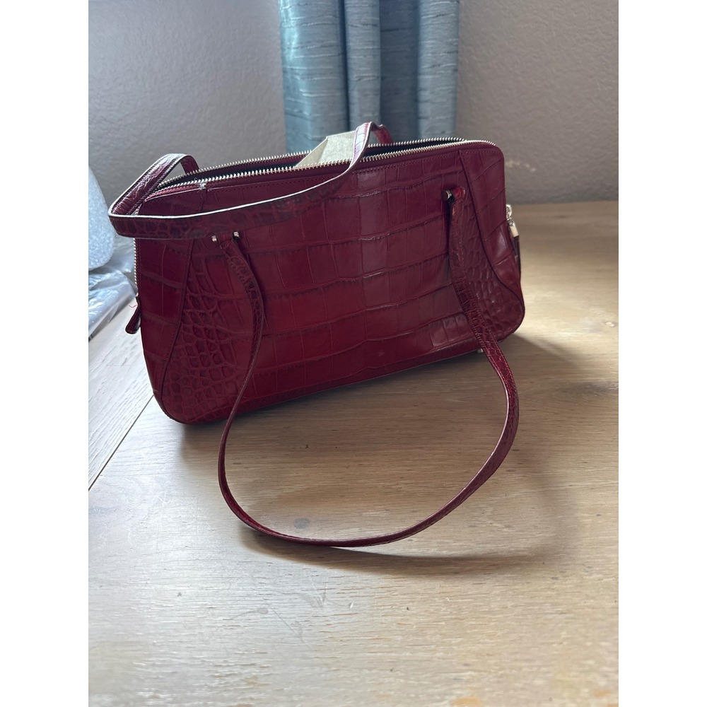Monsac Original Red Crocodile Embossed Leather Shoulder Bag Silver Hardware